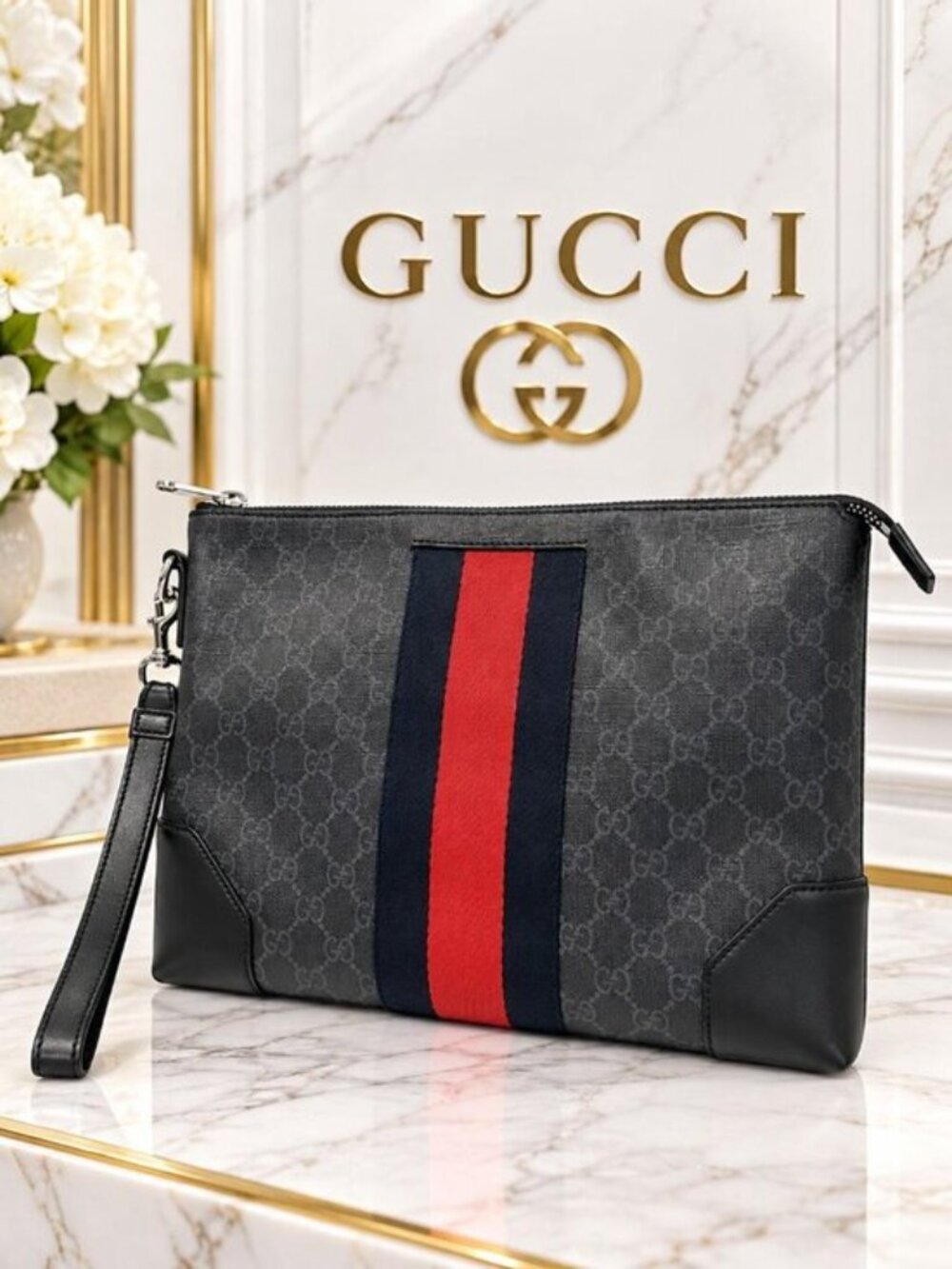 Authentic Gucci GG Supreme Web Stripe Wristlet Clutch Black Canvas Pouch